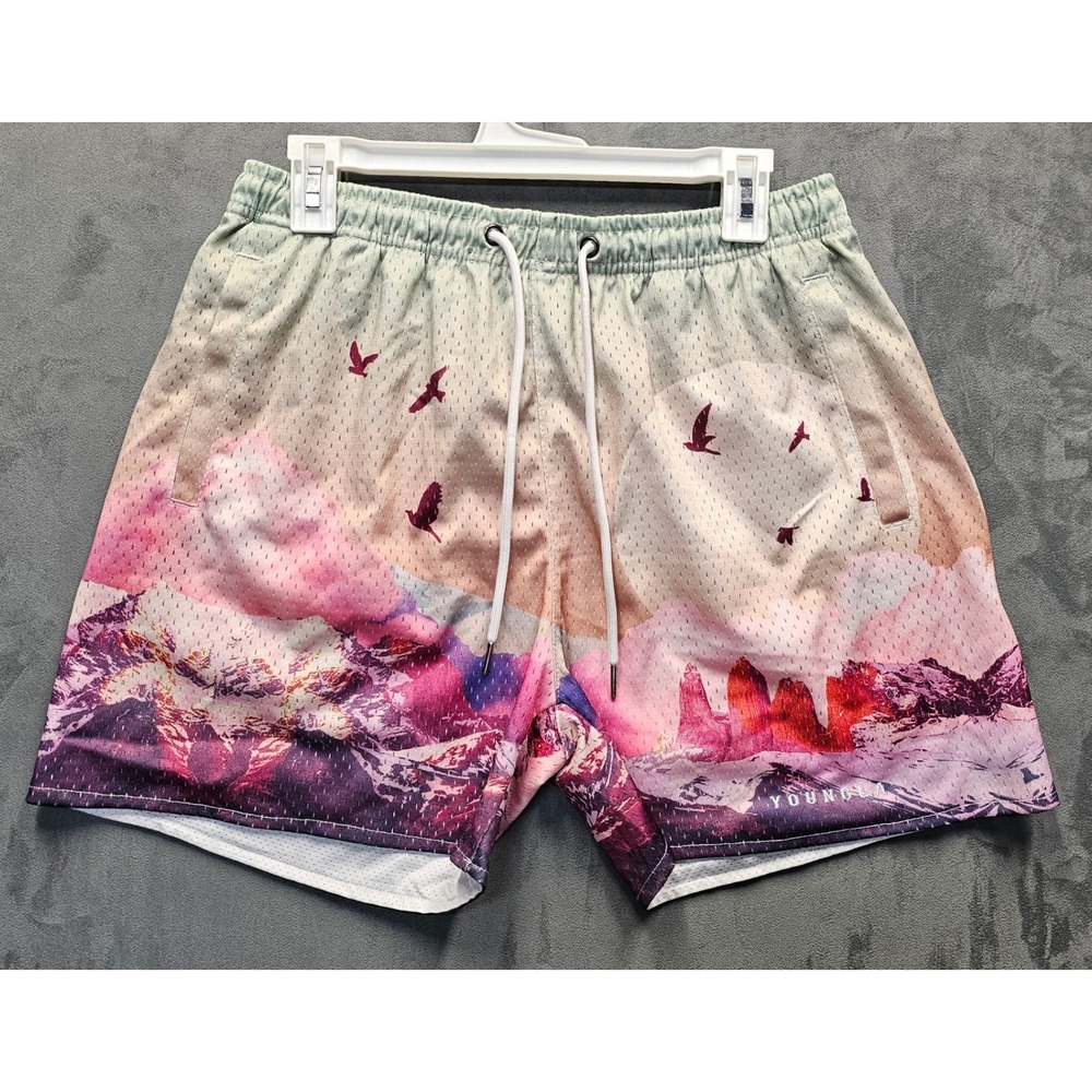 YOUNGLA Mens Model 141 Mountain Graphic Mesh Shorts Large Multicolor 4.5 Inseam